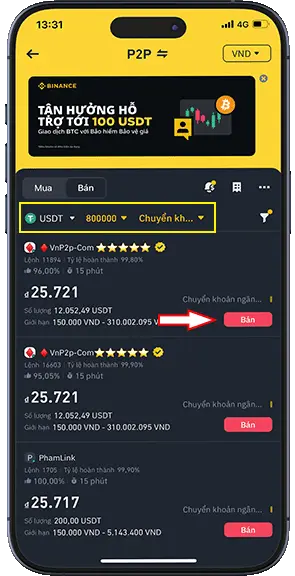 Bước 6: Lọc bớt thông tin, chọn đồng USDT, nhập số tiền VND tương đối với số USDT cần rút, và lọc hình thức thanh toán (chuyển khoản). Sau đó chọn 1 người mua phía dưới và ấn bán